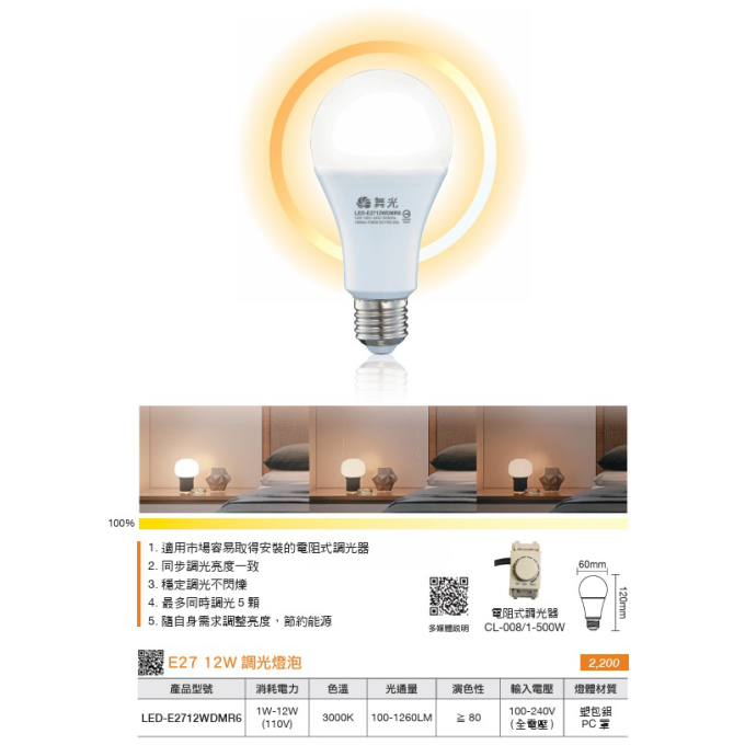 現貨 舞光 LED 12W E27 黃光 調光燈泡 球泡 全週光球泡 調光型燈泡 全電壓 無藍光 省電燈泡 節能燈泡