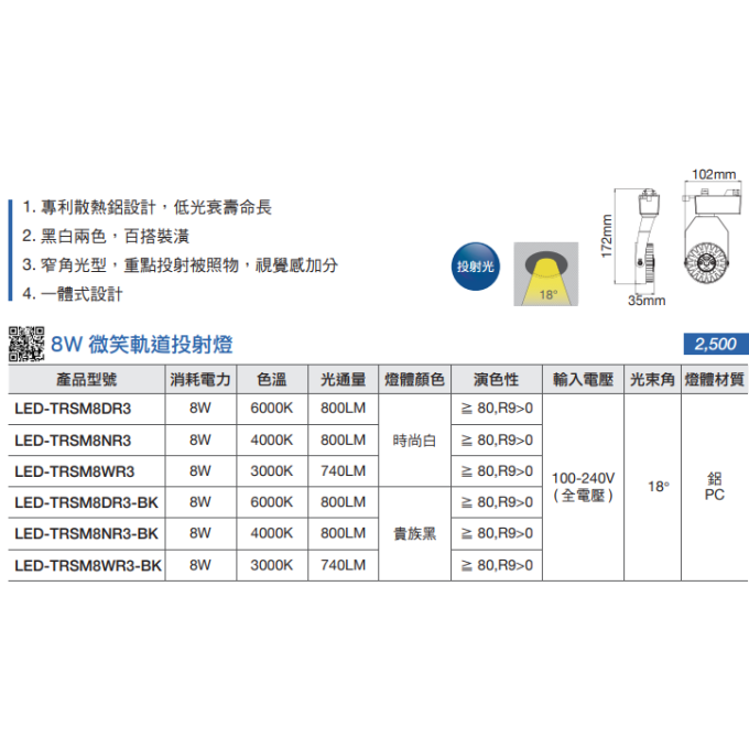 現貨 舞光 LED 8W 15W 微笑軌道投射燈 一體成型 軌道燈 投射燈 投光燈 窄角投射 時尚白 貴族黑