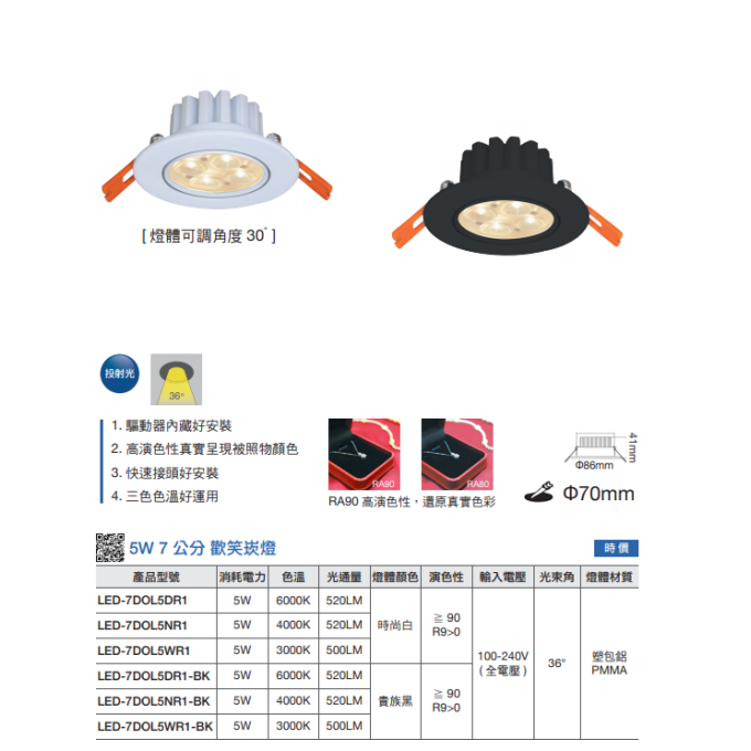 現貨 舞光 LED 5W 8W 歡笑崁燈 7公分 9公分 投射燈 崁燈 燈具 可調角度 窄角投射 全電壓 時尚白 貴族黑