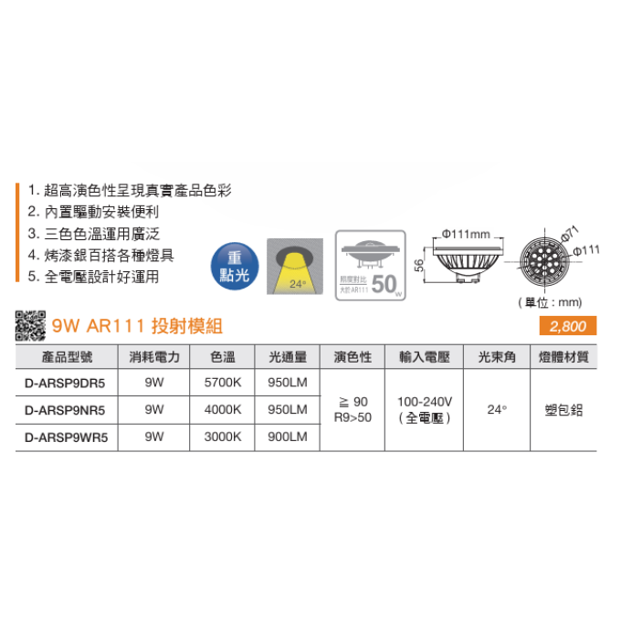 現貨 舞光 LED 9W 14W AR111 投射模組 窄角投射 廣角基礎 超薄方形崁燈 替換式軌道燈 質感銀 貴族黑