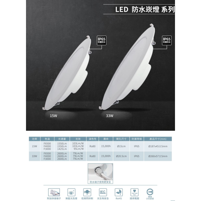 亮博士 LED 15W 33W 防水崁燈 15公分 20.5公分 浴廁 陽台 IP65防塵防水 快接接頭 全電壓