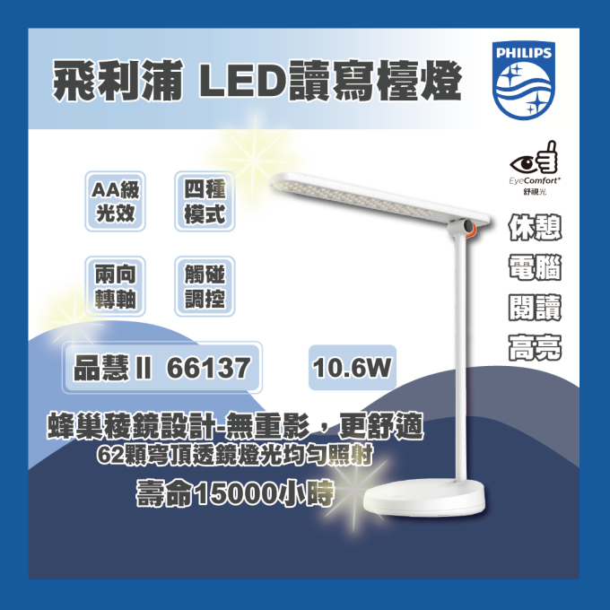 現貨 PHILIPS 飛利浦 LED 讀寫檯燈 品慧66137 10.6W 護眼檯燈 四段可調光桌燈 柔光 自然光