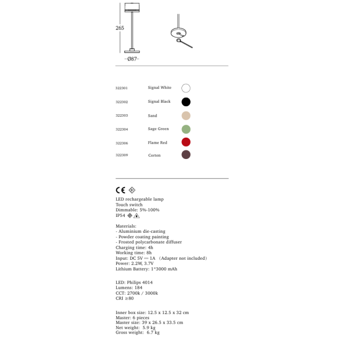 UBIQUA LED DUPLO 2.2W USB充電式檯燈 IP54防塵防水 純白 / 純黑 / 杏色 / 薄荷綠 / 焰紅 / 橙銅色