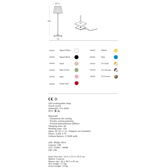 UBIQUA LED PLISSE 2.2W USB充電式檯燈 IP54防塵防水 純白 / 純黑 / 杏色 / 薄荷綠 / 粉色 / 焰紅 / 鮮黃 / 寶藍 / 霧面金 / 霧面銀 / 霧面銅 