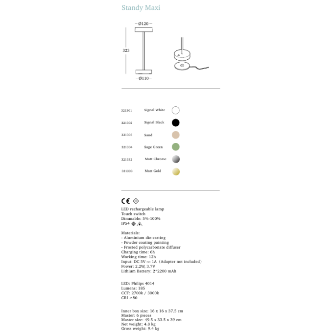 UBIQUA LED STANDY MAXI 2.2W USB充電式檯燈 IP54防塵防水 純白 / 純黑 / 杏色 / 薄荷綠