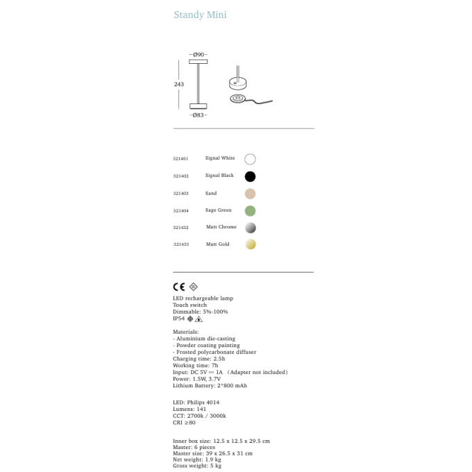 UBIQUA LED STANDY MINI 1.5W USB充電式檯燈 IP54防塵防水 鉻色 / 香檳金