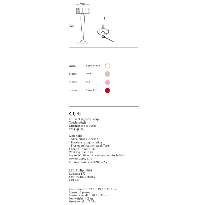 UBIQUA LED TWIGGY 2.2W USB充電式檯燈 IP54防塵防水 純白 / 杏色 / 粉色 / 焰紅